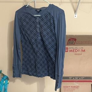 Chaps Navy Checkered Long Sleeve Top (L)